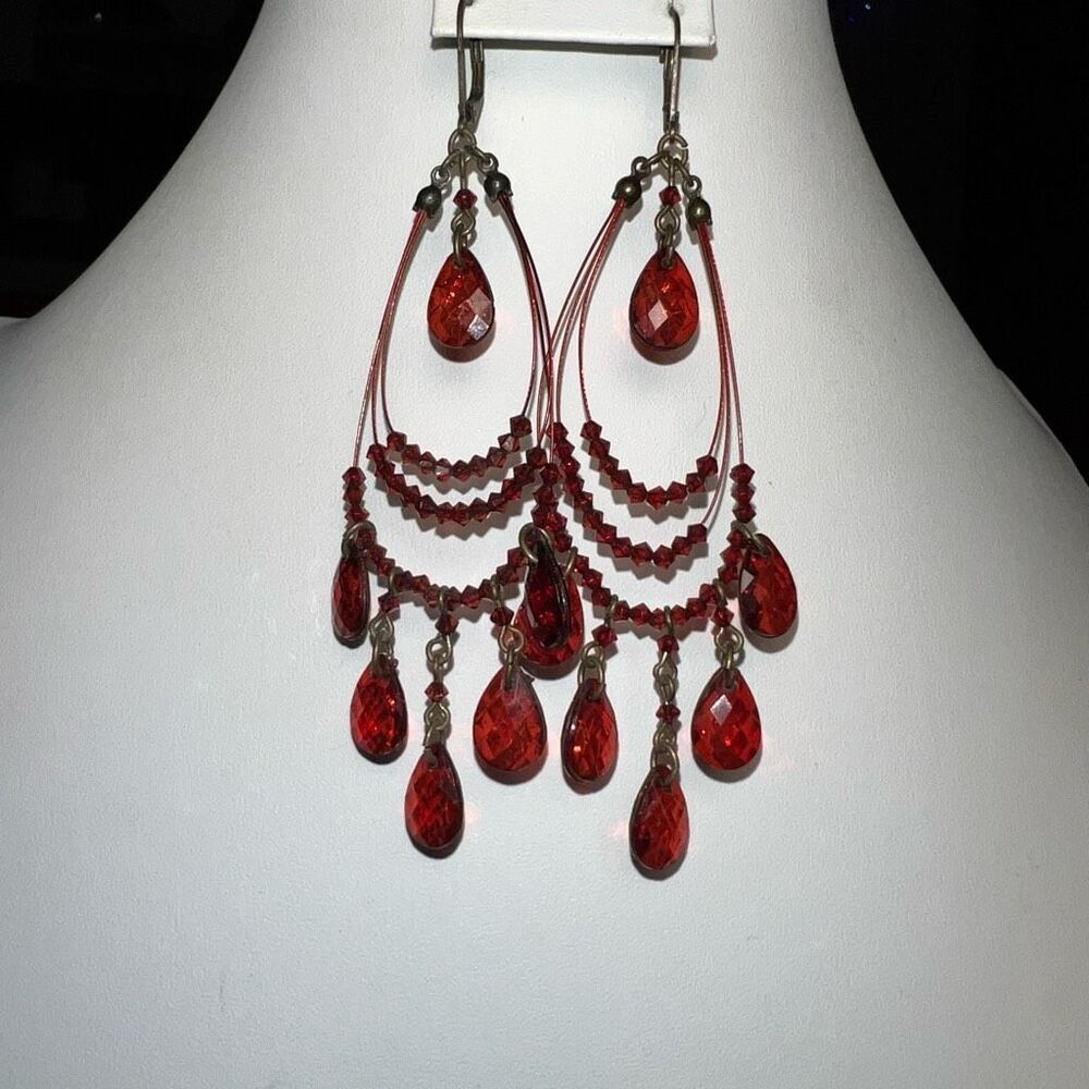 Vintage Goth Boho Red Crystal Layered Earrings